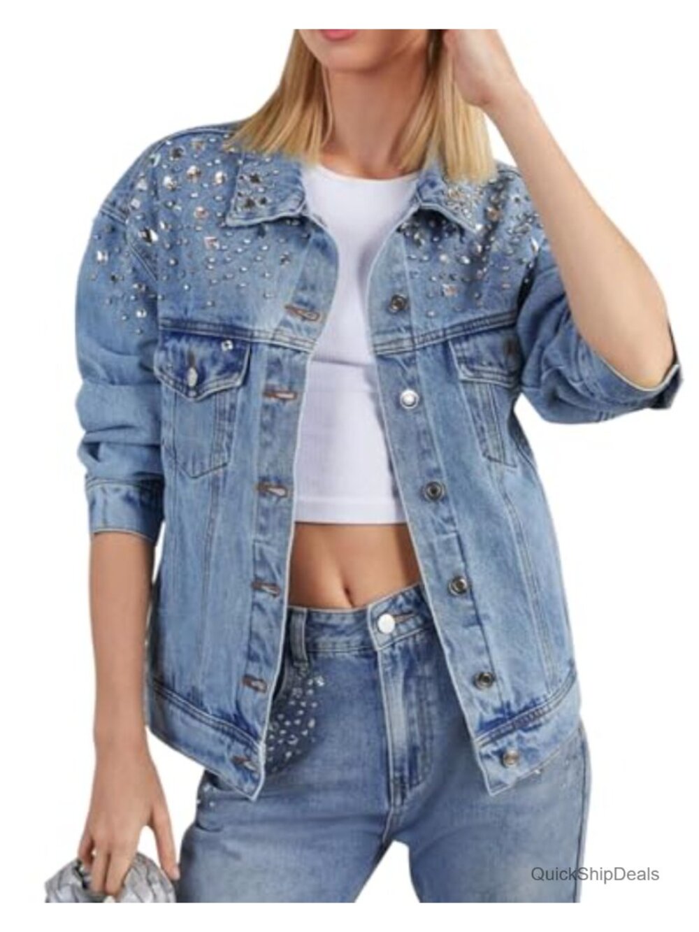 Rhinestone Denim Jacket Embellished Button Down Trucker Coat Oversized